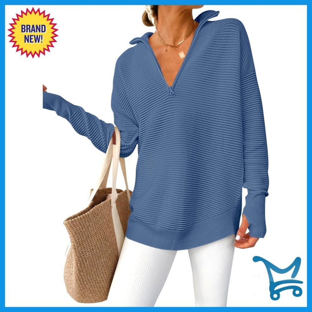 Long Sleeve Quarter Zip Pullover Sweater Loose Fit Ribbed Knit Thumb Hole Casual